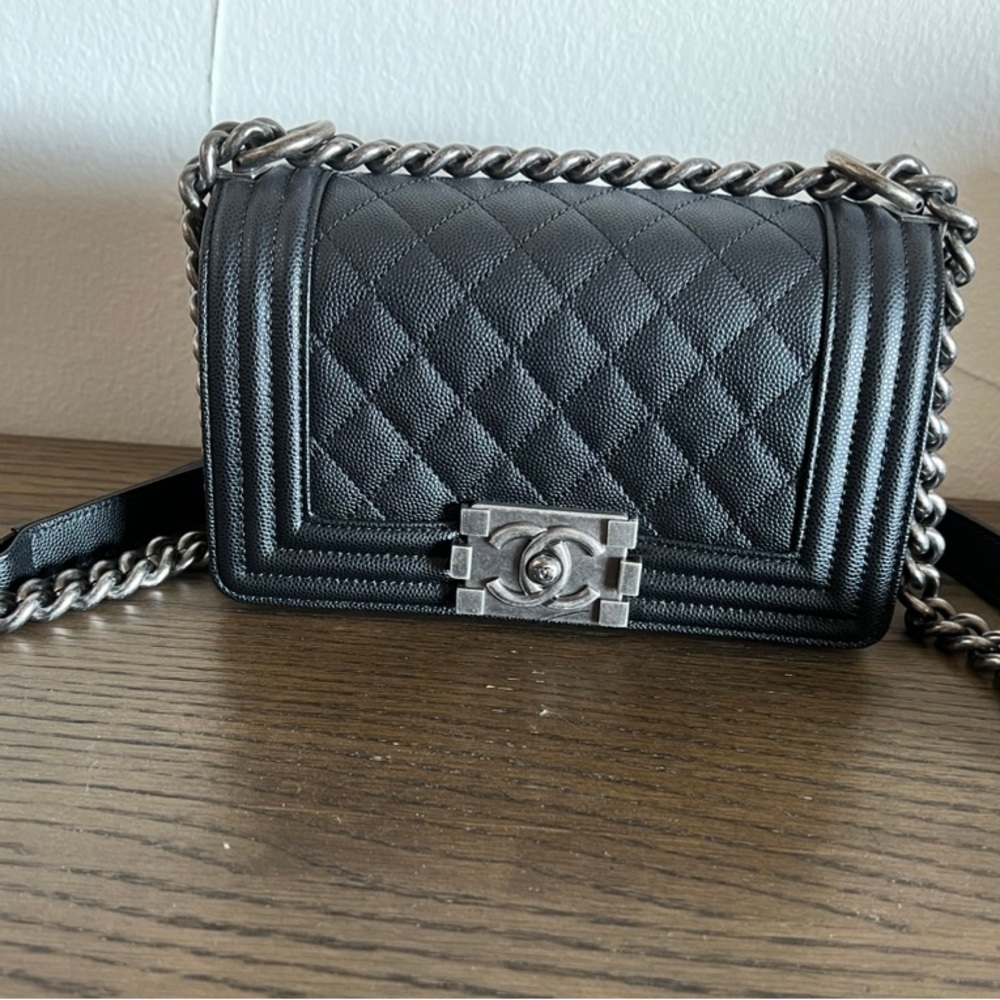 Authentic Chanel Boy Bag- Small - caviar black and ruthenium - finish metal